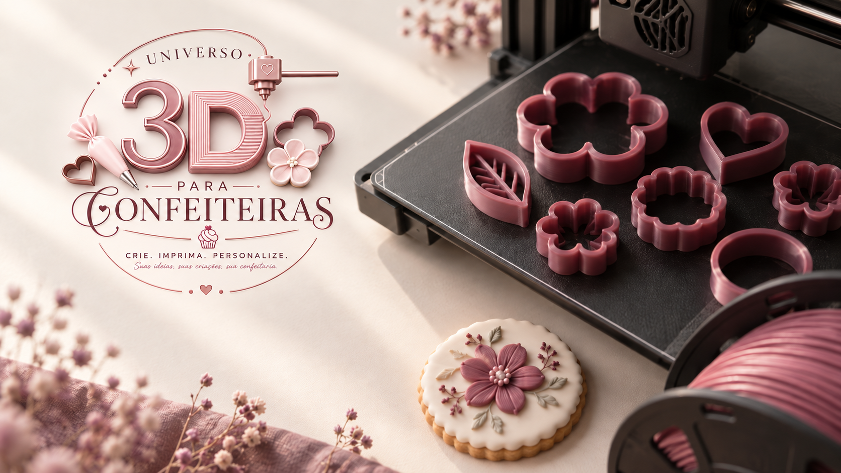 Universo 3D para Confeiteiras — cortadores impressos em 3D sobre mesa de impressão, ao lado de um biscoito decorado